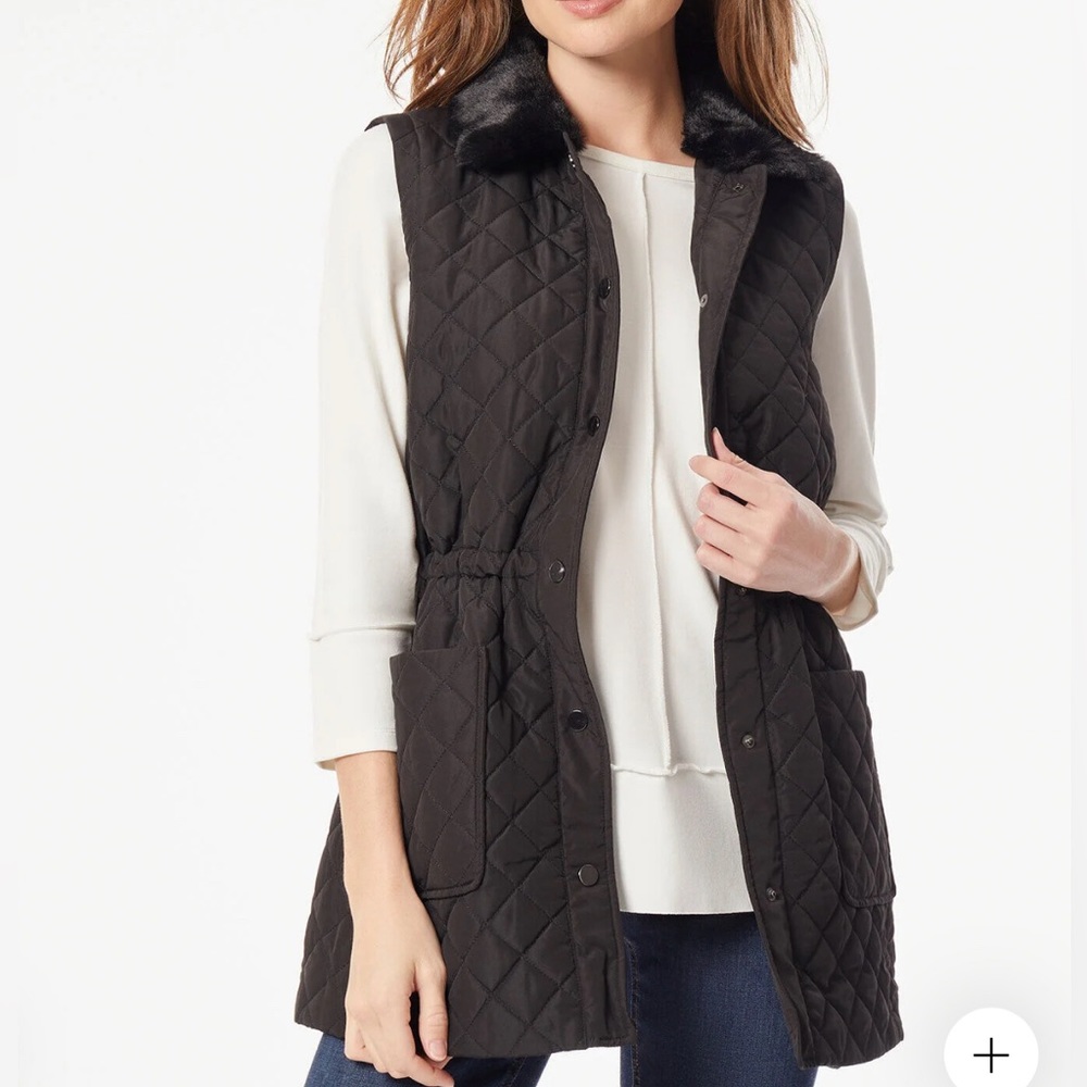 Jones New York Snap Front Quilted Fur Collar Vest